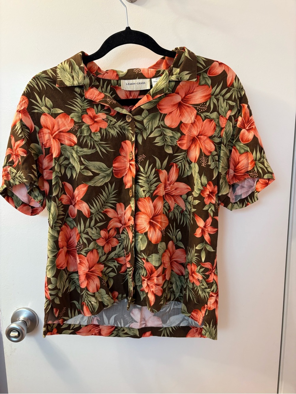 Lemon Grass Hibiscus Print Med Vintage women’s top EUC
